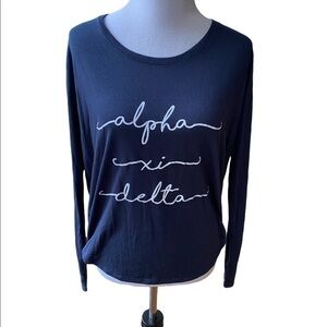 Alpha Xi Delta Navy Sorority Long Sleeve Top. Size M 65% POLYESTER 35% VISCOSE